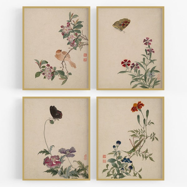Set of Four Chinese Flower Botanical Art Prints/ Vintage Art / Botanical Art / Nursery Art / Chinese Art / Flower Art / Bird Art / Asian Art