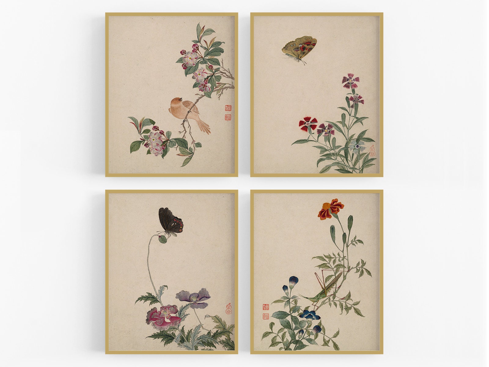 Chinesische Blumen mit Vögeln und Schmetterlingen Botanische Kunstdrucke - 4er Set
