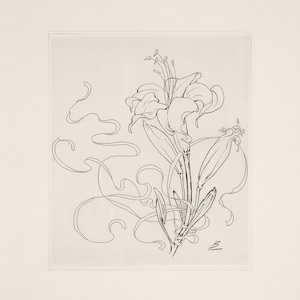 以下が含まれることがあります： 渦巻く茎と葉を持つユリの花の白黒線画です。