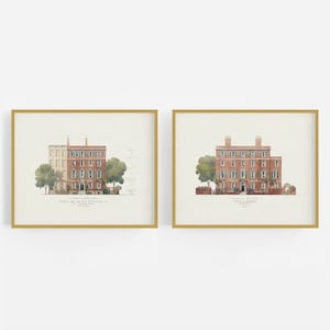 Set of Two New York Watercolor Drawings of a House / Vintage Art / Wall Decor / New York Art / Architectural Art / Drawing Print / NYC Art