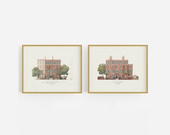 Set of Two New York Watercolor Drawings of a House / Vintage Art / Wall Decor / New York Art / Architectural Art / Drawing Print / NYC Art