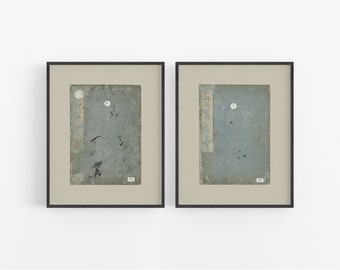May include: Two framed prints of antique book covers with faded blue covers and white labels. The covers have black markings and the labels have numbers on them.