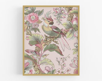 Blossoms and Birds Chinoiserie Art Print - Pink / Vintage Art / French Art / Bird Art / Chinoiserie Art / Art / Parrot Art / Nursery Art