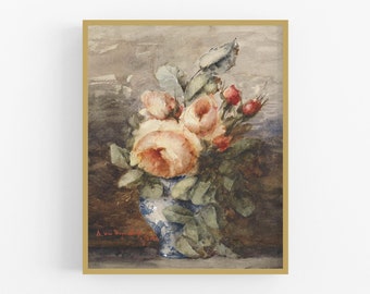 Roses in a ginger jar art print / vintage art / flower art / wall decor / botanical art / flower painting / farmhouse art / chinoiserie art