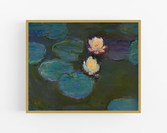 Könnte beinhalten: Ein Gemälde von Seerosen in einem Teich. Die Seerosen sind weiß mit rosa Zentren und von grünen Seerosenblättern umgeben. Der Hintergrund ist dunkelblaugrün.