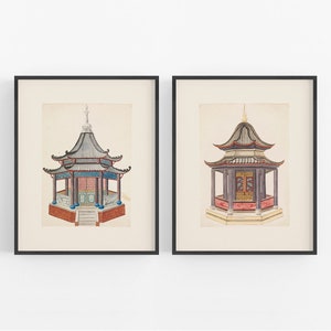 Chinese Pagoda Chinoiserie Watercolor Art Prints - Set of Two