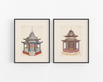 Op de afbeelding: Twee ingelijste prints van traditionele Chinese pagodes. De pagodes zijn geschilderd in tinten blauw, rood en groen, met ingewikkelde details en een witte achtergrond.