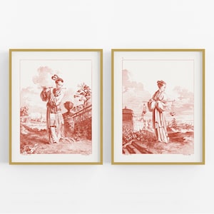 Set of Two Coral Chinoiserie Figures Art Prints, Set #2 /  Art / French Art / Wall Decor / Asian Art / Chinoiserie Art / Chinoiserie