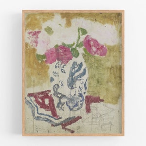 Vase with pink flowers botanical art print /  art / flower art / wall decor / ginger jar art / chinoiserie art