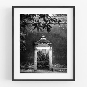 Puerta de una hacienda en la selva tropical de México, impresión fotográfica de pared de galería de viajes en blanco y negro