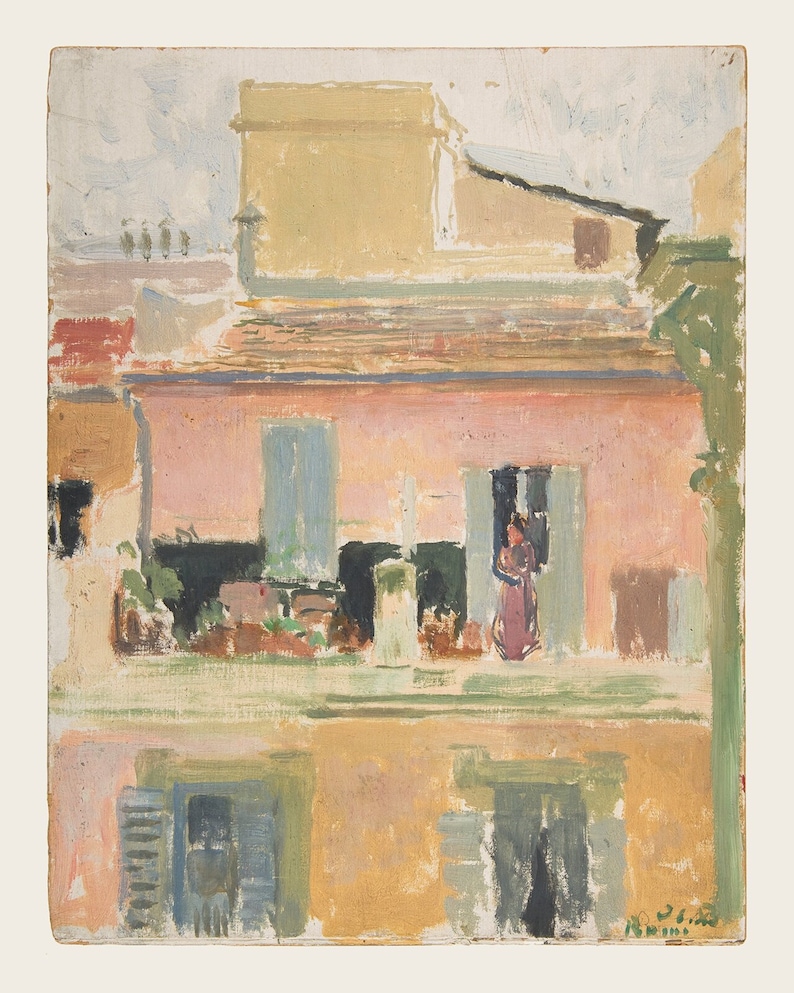 Puede incluir: Una pintura de un edificio rosa con un balc&oacute;n y una mujer de pie en una ventana. El edificio est&aacute; pintado en un estilo suelto e impresionista con pinceladas visibles.