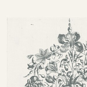 May include: Black and white illustration of a floral design with a variety of flowers and leaves. The design is intricate and detailed, with a focus on the flowers.