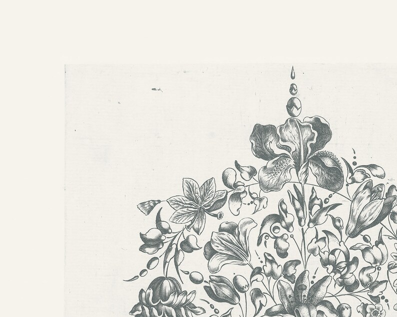 May include: Black and white illustration of a floral design with a variety of flowers and leaves. The design is intricate and detailed, with a focus on the flowers.