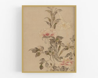 Può includere: Una stampa incorniciata di un dipinto giapponese vintage con delicati fiori rosa e bianchi con foglie verdi su uno sfondo beige.