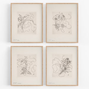 Set of Four French Porcelain Flower Sketches, Set #1 / Botanical Art / Nursery Art / French Art / Flower Art / Wall Decor / Sketch / Art