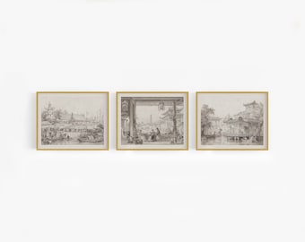 Op de afbeelding: Drie ingelijste zwart-witte inkttekeningen van Chinese architectuur en landschappen. De tekeningen tonen traditionele gebouwen, bruggen en waterwegen.