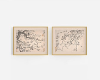 Set of Two Chinese Plum Blossom Art Prints / Vintage Art / Botanical Art / Asian Art / Chinese Art / Flower Art / Chinoiserie / Wall Decor