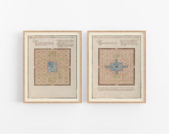 Set van twee Spaanse paleistuin Plan Art Prints/vintage kunst/Europa kunst/muur decor/tuinkunst/tuinplannen/architectonische kunst