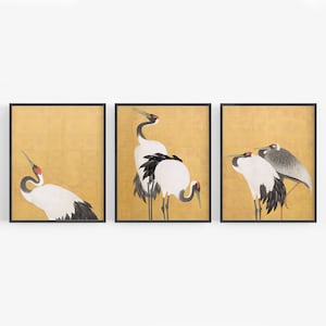 Japanese Cranes on Gold Chinoiserie Art Prints - Set of Three