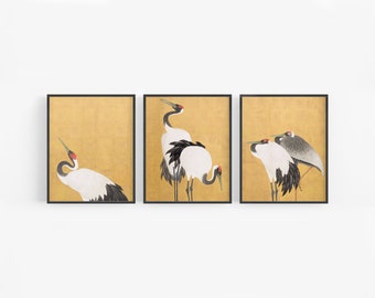 Set of Three Japanese Crane Art Prints / Vintage Art / Asian Bird Art / Asian Art / Japanese Crane Art  / Chinoiserie / Bird Art / Wall Art