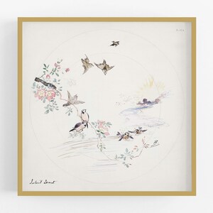 Puede incluir: Una pintura de acuarela de un dise&ntilde;o circular con p&aacute;jaros, flores y un r&iacute;o. Los p&aacute;jaros vuelan en c&iacute;rculo alrededor del centro del dise&ntilde;o. Las flores son rosas y blancas y est&aacute;n dispuestas en un racimo en el lado izquierdo del dise&ntilde;o. El r&iacute;o es azul y fluye a trav&eacute;s del centro del dise&ntilde;o.