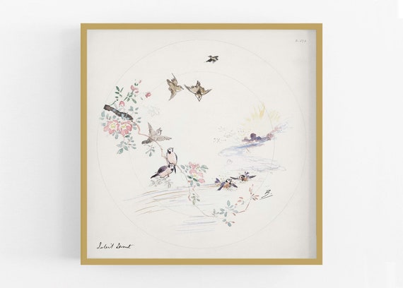 French birds and flowers sketch for a porcelain plate / botanical art / french art / flower art / bird art / wall decor / nursery art / art