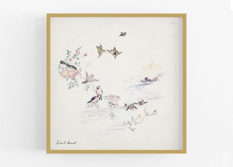 Puede incluir: Una pintura de acuarela de un dise&ntilde;o circular con p&aacute;jaros, flores y un r&iacute;o. Los p&aacute;jaros vuelan en c&iacute;rculo alrededor del centro del dise&ntilde;o. Las flores son rosas y blancas y est&aacute;n dispuestas en un racimo en el lado izquierdo del dise&ntilde;o. El r&iacute;o es azul y fluye a trav&eacute;s del centro del dise&ntilde;o.