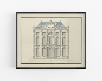 May include: A black and white architectural drawing of a building with a detailed facade. The building has a symmetrical design with a central entrance and a series of windows on each floor. The drawing is framed in a black frame.