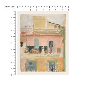 Puede incluir: Una pintura de un edificio rosa con un balc&oacute;n y una mujer de pie en &eacute;l. El edificio est&aacute; pintado en un estilo suelto e impresionista con pinceladas visibles.