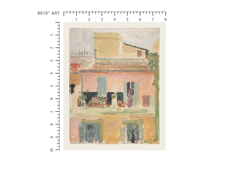 Puede incluir: Una pintura de un edificio rosa con un balc&oacute;n y una mujer de pie en &eacute;l. El edificio est&aacute; pintado en un estilo suelto e impresionista con pinceladas visibles.