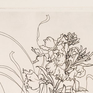 May include: A black and white line drawing of a bouquet of flowers. The flowers are stylized and have a delicate, flowing appearance. The drawing is done in a simple, elegant style.