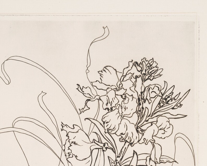 May include: A black and white line drawing of a bouquet of flowers. The flowers are stylized and have a delicate, flowing appearance. The drawing is done in a simple, elegant style.