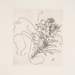 May include: A black and white line drawing of a bouquet of flowers. The flowers are stylized and have long, flowing stems. The drawing is signed with the letter "B."