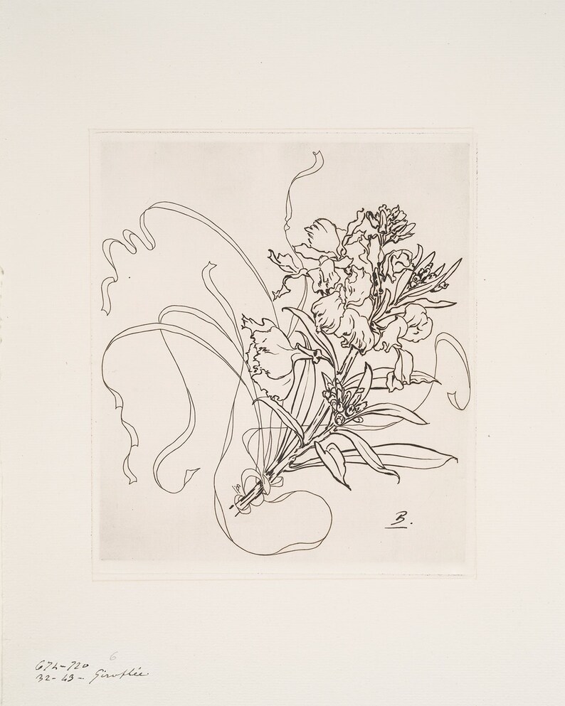 May include: A black and white line drawing of a bouquet of flowers. The flowers are stylized and have long, flowing stems. The drawing is signed with the letter "B."