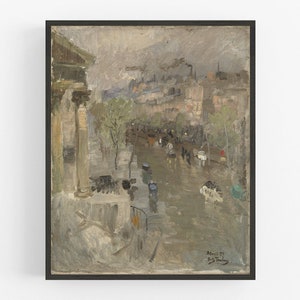 K&ouml;nnte beinhalten: Ein Gem&auml;lde, das eine Stra&szlig;enszene in Paris, Frankreich, darstellt. Das Gem&auml;lde ist in einem lockeren, impressionistischen Stil mit ged&auml;mpften Farben gehalten. Die Stra&szlig;e ist nass vom Regen und es sind Menschen zu sehen, die zu Fu&szlig; gehen und in Pferdekutschen fahren. Die Geb&auml;ude im Hintergrund sind hoch und haben viele Fenster. Das Gem&auml;lde ist signiert mit "Paris 97" und "Eug.  Thaulow".
