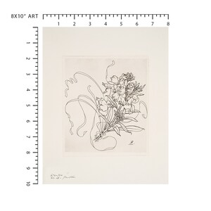 May include: A black and white line drawing of a bouquet of flowers. The flowers are stylized and have a delicate, flowing appearance. The drawing is signed "L.D.S." and dated "92-13."