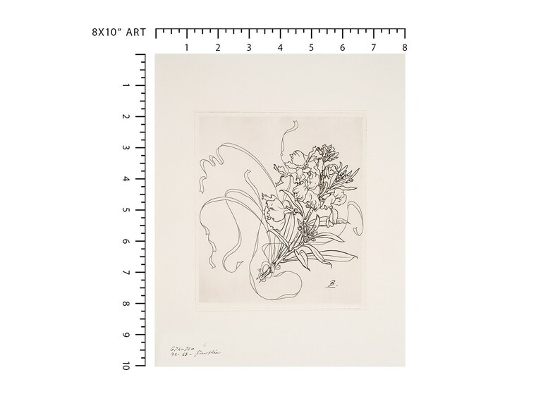 May include: A black and white line drawing of a bouquet of flowers. The flowers are stylized and have a delicate, flowing appearance. The drawing is signed "L.D.S." and dated "92-13."