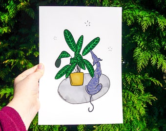 Whippet and Calathea plant Illustration - Professional A4 Art Print