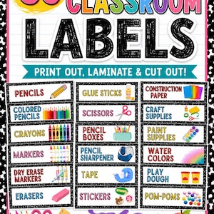 May include: A digital PDF printable sheet featuring 60 classroom labels with black and white speckled borders. The text reads 60 CLASSROOM LABELS, PRINT OUT, LAMINATE & CUT OUT!, and PERFECT FOR ANY CLASSROOM!. Includes icons for school supplies.