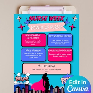 May include: A teal poster with the text "Nurse Week" and "Power of Nurses." It lists daily treats: muffins, tacos, wings, sweets, and IV fluids. A superhero silhouette with a pink cape is at the bottom, with the words "BOOM!" and "POP!"