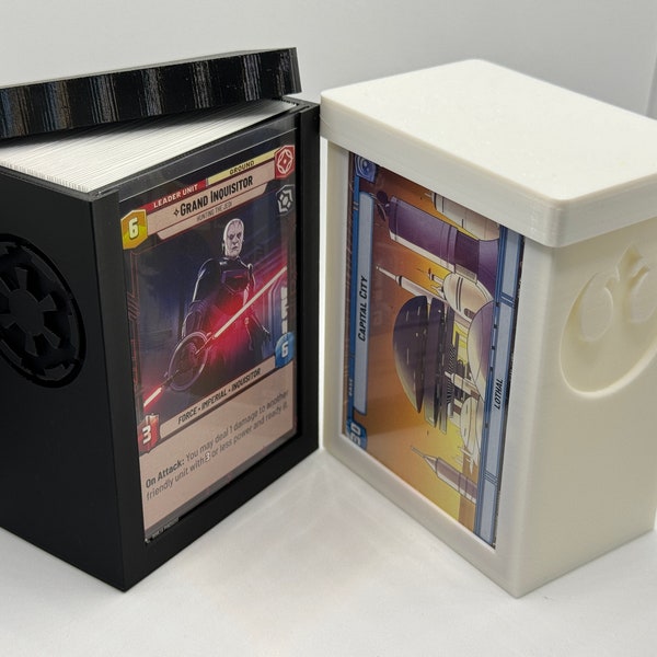 Star Wars Unlimited Deckbox displaying both Base and Commander in Sleeves, Top Loader, or Sliding Hard Case with Imperial and Rebel Symbols