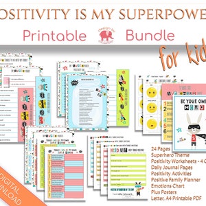 Kids Mindfulness Bundle, Positive Affirmation & Self Love Activities, Mental Health, Emotions, Confidence Superhero Printable Journal Pages,