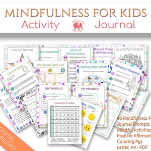 Kids Mindfulness Journal Pages, Mental Health Mindfulness Workbook & Coloring Pages, Self Esteem and Gratitude, Positive Thinking Printable