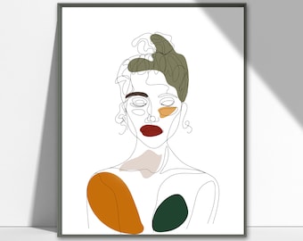 Arte abstracto otoño decoración colores línea dibujo impresión, pared imprimible arte tonos terrosos, decoración de pared de arte femenino abstracto, mujer línea de ilustración
