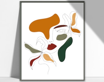 Abstract Face Line Art Print, Woman Face Line Drawing, Fine Line Poster, Boho Printable Wall Art, Woman Line Illustration, Earth Tone Decor