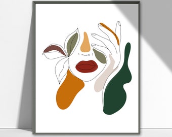 Arte de la línea de la cara femenina, mano en la cara arte imprimible, abstracto cara cara caída decoración colores, diseño de la línea de arte mínima, línea fina abstracta