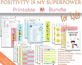 May include: A printable bundle of 24 pages of superhero-themed positivity worksheets, journal pages, activities, and posters for kids. The bundle includes a positivity jar, emotions chart, and family planner. The text "POSITIVITY IS MY SUPERPOWER" is at the top of the image.