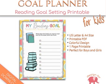 PRINTABLE Reading Planner Pages for Kids, Goal Planner Reading Journal, Reading Log Goal Printable, Reading Tracker Gift for Kids