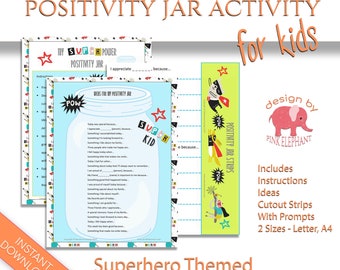 May include: A printable positivity jar activity for kids with a superhero theme. The printable includes instructions, ideas, and cutout strips with prompts. The jar is blue with a red star and the words "Super Kid". The strips are green with a yellow star and the words "POW!" and "POSITIVITY JAR STRIPS".