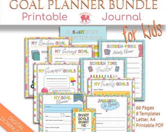 Goal Planner Journal Kit for Kids, Printable Planner Pages, Undated Planner with Journal Prompts, Goal Printable Journal Pages for Kids